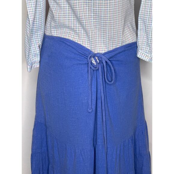American Vintage Blue Linen Blend Tiered Maxi Skirt pull waist tie medium - Picture 8 of 11